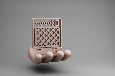 Gri bir arkaplanda güzel soyut çizimler Altın El Tutucu müzikal Electric Guitar Amplifikatör simgesi. 3D tasvir. Tasarım için arkaplan deseni.
