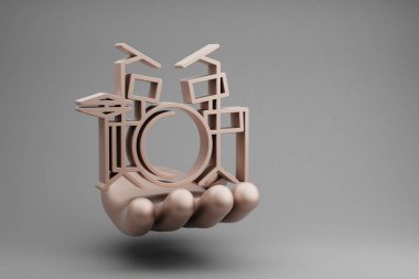 Güzel soyut çizimler, Gri arka planda Altın El, müzikal Drum Kit simgesi simgesi. 3D tasvir. Tasarım için arkaplan deseni.
