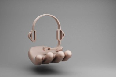 Gri arka planda Mic sembolü simgesi olan güzel soyut çizimler Altın El müzik kulaklıkları. 3D tasvir. Tasarım için arkaplan deseni.