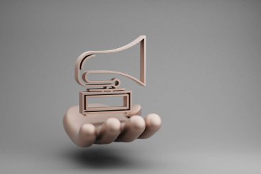 Güzel soyut çizimler Altın El Tutuşu müzikali gri arka planda Eski Gramofon sembolü simgesi. 3D tasvir. Tasarım için arkaplan deseni.