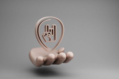 Gri arkaplanda El sembolü simgesi olan güzel soyut çizimler Golden Hand Holding müzikal Gitar Plectrum. 3D tasvir. Tasarım için arkaplan deseni.