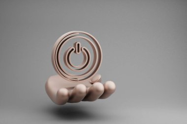 Güzel soyut çizimler Golden Hand Holding müzikal Yuvarlak Güç Düğmesi simgesi gri arka planda. 3D tasvir. Tasarım için arkaplan deseni.