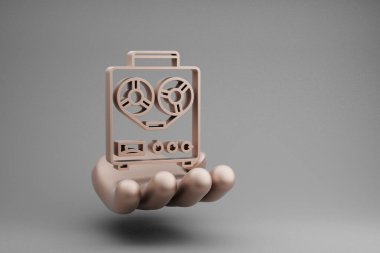 Gri arkaplandaki güzel soyut çizimler Golden Hand Holding müzikali Old Audio Recorder sembol simgesi. 3D tasvir. Tasarım için arkaplan deseni.