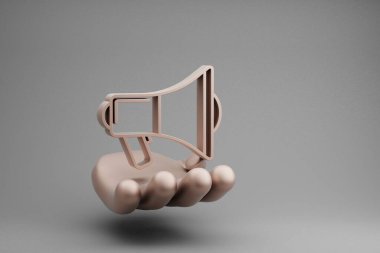 Gri arka planda güzel soyut çizimler Altın El Tutma müzikali Shout Megaphone sembol simgesi. 3D tasvir. Tasarım için arkaplan deseni.