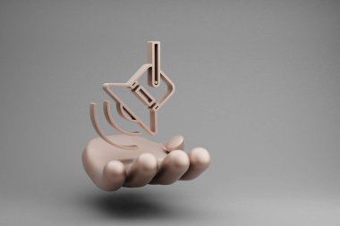 Gri arka planda güzel soyut çizimler Golden Hand Holding müzik konseri spor ışığı simgesi simgesi. 3D tasvir. Tasarım için arkaplan deseni.