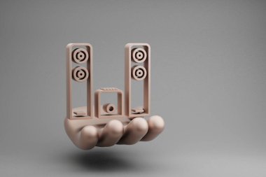 Gri arka planda Büyük Hoparlörler sembolü olan güzel soyut çizimler Golden Hand Holding müzikal Ses Sistemi. 3D tasvir. Tasarım için arkaplan deseni.