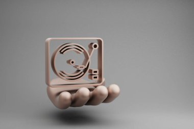 Gri arkaplandaki güzel soyut çizimler Golden Hand Holding müzikal Retro Record Player sembolü. 3D tasvir. Tasarım için arkaplan deseni.