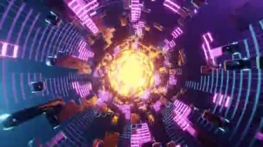 Neon ışıkları olan bir bilim kurgu tüneli. Siber punk tarzında veya yüksek teknoloji geleceğinde arka plan olarak yüksek teknolojili tünel. 3D tasvir. Döngü videosu.