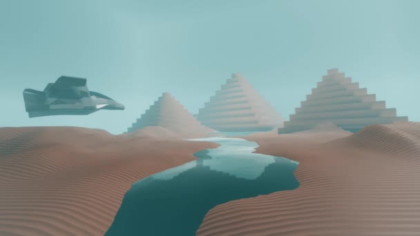 Abstraktní Polygonální Duny Pyramidy Létat Vesmírná Loď Krajina Obloha Západem — Stock video