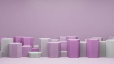 Pembe renkli pastel renkler soyut arkaplan üzerinde şekillenir. Minimum altıgen podyum. Geometrik şekilli sahne. Boş vitrin, kozmetik ürün sunumu. Moda dergisi. 3d hazırlayıcı