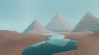 Soyut çokgen kum tepeleri ve piramit manzarası, Sunset ile gökyüzü. 3D tasvir. Tasarım için arkaplan deseni.