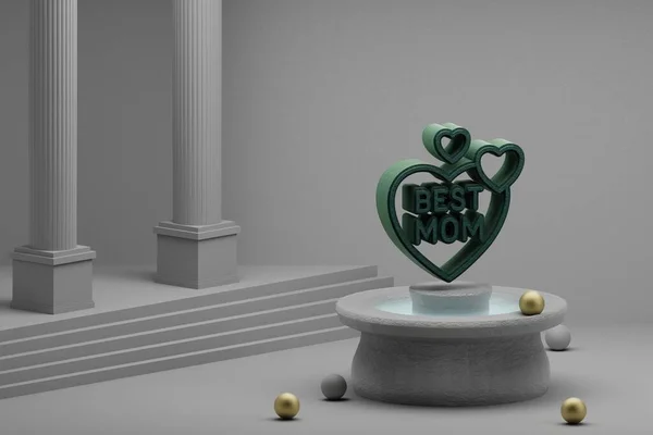 Beautiful abstract illustrations Green heart with words Best MOM symbol icon on a fountain and column background. 3d rendering illustration. Mothers Day.