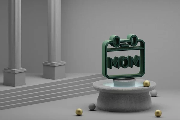 Beautiful abstract illustrations Green Calendar with word MOM symbol icon on a fountain and column background. 3d rendering illustration. Mothers Day.