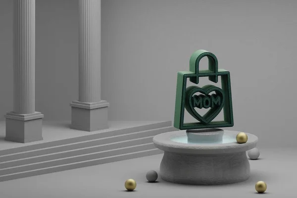 Beautiful abstract illustrations Green shopping pack with word MOM and heart symbol icon on a fountain and column background. 3d rendering illustration. Mothers Day.