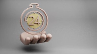 Altın El 'in 24 Saat Tutuşu adlı güzel soyut çizimleri gri bir arkaplanda sembol simgesi. 3D tasvir. İnternetten alışveriş. Döngü videosu.