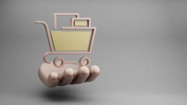 Gri bir arkaplanda güzel soyut çizimler Altın El Alışveriş Arabası sembolü simgesi. 3D tasvir. İnternetten alışveriş. Döngü videosu.