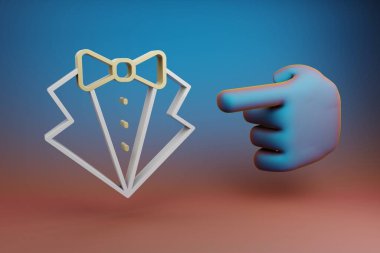 Beautiful illustrations abstract Hand index finger points to Tuxedo symbol icon on a multicolor bright background. 3d rendering illustration. Background pattern for design. 