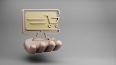 Gri bir arkaplanda güzel soyut çizimler Golden Hand Holding masaüstü Online Alışveriş simgesi simgesi. 3D tasvir. İnternetten alışveriş. döngü videosu.