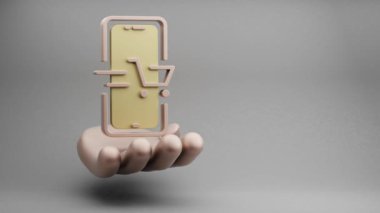 Beautiful abstract illustrations Golden Hand Holding smartphone Online Shopping symbol icon on a grey background. 3d rendering illustration. Online Shopping. loops video.