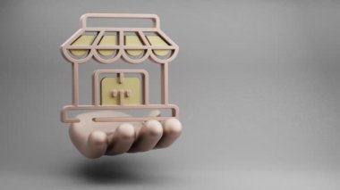 Beautiful abstract illustrations Golden Hand Holding Store Building symbol icon on a grey background. 3d rendering illustration. Online Shopping. loops video.