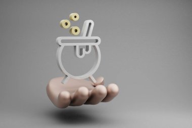 Beautiful abstract illustrations Golden Hand Holding Halloween Pan symbol icon on a gray background. 3d rendering illustration. Background pattern for design. Halloween day.
