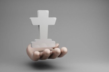 Gri arkaplanda Altın El Tutma RIP sembolü simgesi olan güzel soyut çizimler. 3D tasvir. Tasarım için arkaplan modeli. Cadılar Bayramı.