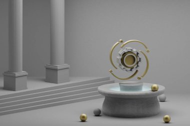 Beautiful abstract illustrations Gear symbol icon on a fountain and column background. 3d rendering illustration.