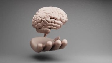 Beautiful abstract illustrations Golden Hand rotation brain on a grey background. 3d rendering illustration. Online Shopping. Loops video.