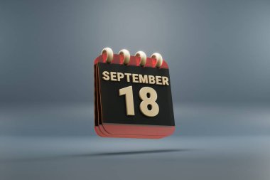 Standing black and red month lined desk calendar with date September 18. Modern design with golden elements, 3d rendering illustration. Blue gray background.