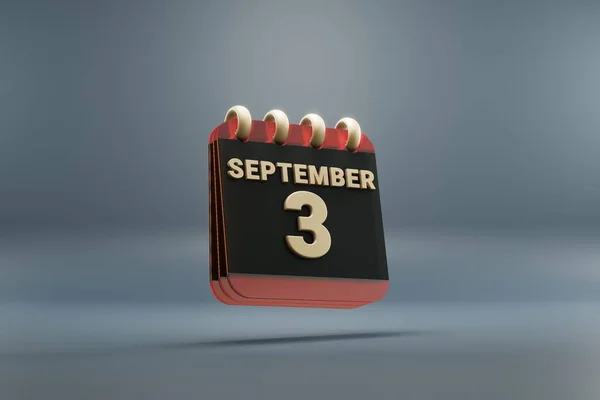 Standing black and red month lined desk calendar with date September 3. Modern design with golden elements, 3d rendering illustration. Blue gray background.