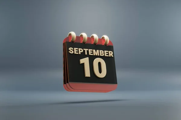 Standing black and red month lined desk calendar with date September 10. Modern design with golden elements, 3d rendering illustration. Blue gray background.