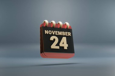 Standing black and red month lined desk calendar with date November 24. Modern design with golden elements, 3d rendering illustration. Blue gray background.