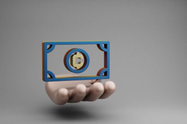 Gri bir arkaplanda Altın El Kripto Para Sembolü simgesi taşıyan güzel soyut çizimler. 3D tasvir. Tasarım için arkaplan deseni.