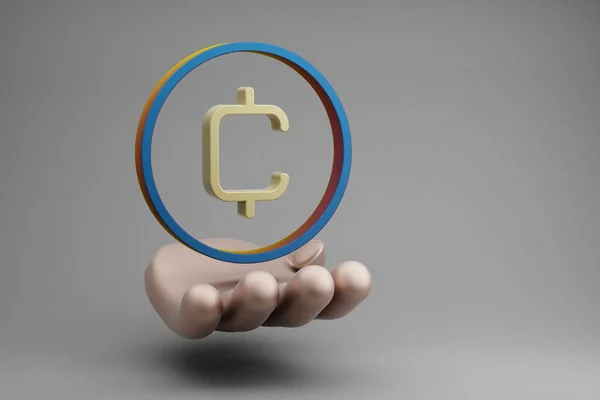 Beautiful abstract illustrations Golden Hand Holding Cryptocurrency Coin symbol icon on a gray background. 3d rendering illustration. Background pattern for design.