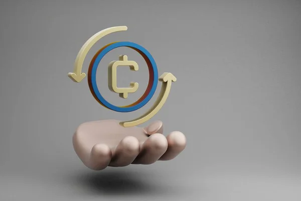 Beautiful abstract illustrations Golden Hand Holding Cryptocurrency Coin symbol icon on a gray background. 3d rendering illustration. Background pattern for design.