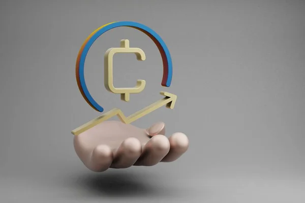 Beautiful abstract illustrations Golden Hand Holding Cryptocurrency CoinUP symbol icon on a gray background. 3d rendering illustration. Background pattern for design.