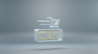Mavi arka planda sarı ışık sembolleri olan güzel soyut online alışveriş arabası. 3D tasvir. Tasarım için arkaplan modeli. İnternetten alışveriş. Döngü videosu.