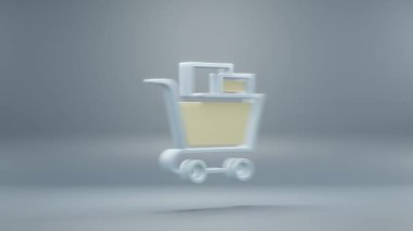 Mavi arka planda sarı ışık sembolleri olan güzel soyut alışveriş arabası. 3D tasvir. Tasarım için arkaplan modeli. İnternetten alışveriş. Döngü videosu.