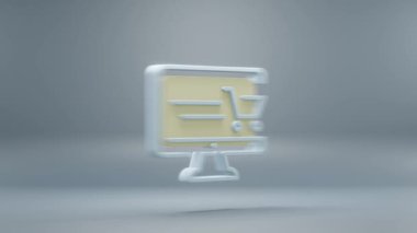 Mavi arkaplanda sarı ışık sembolleri olan güzel soyut masaüstü. 3D tasvir. Tasarım için arkaplan modeli. İnternetten alışveriş. Döngü videosu.