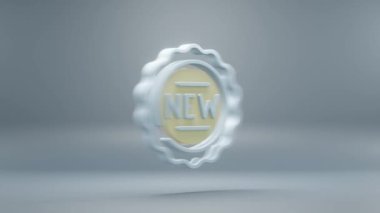 Mavi arka planda sarı ışık sembolleri olan güzel soyut Yeni Rozet. 3D tasvir. Tasarım için arkaplan modeli. İnternetten alışveriş. Döngü videosu.