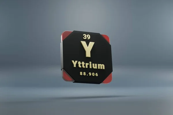 美丽的抽象图解站立在周期表的黑色和红色Yttrium元素 现代设计与黄金元素 3D渲染说明 蓝色灰色背景 — 图库照片