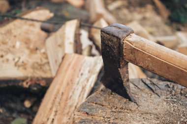 Güzel. Ahşap saplı eski bir balta yakacak odun yığınının üzerinde duruyor.