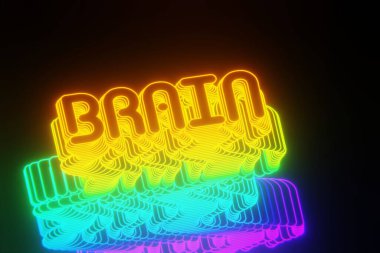 Güzel soyut neon arka plan kelimeleri. Siyah arkaplandaki beyin. Tasarım için 3d resimleme arkaplan şablonu.
