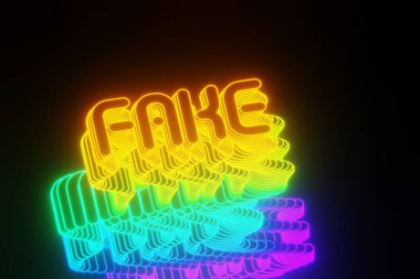 Güzel soyut neon arka plan sözcükleri. Siyah arka planda sahte. Tasarım için 3d resimleme arkaplan şablonu.