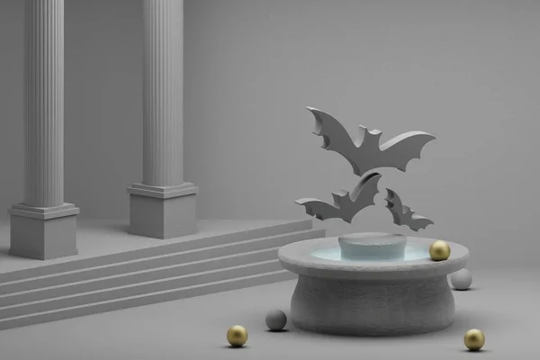 美丽的抽象画万圣节蝙蝠象征图标上的喷泉和柱状背景 3D渲染插图 万圣节 — 图库照片