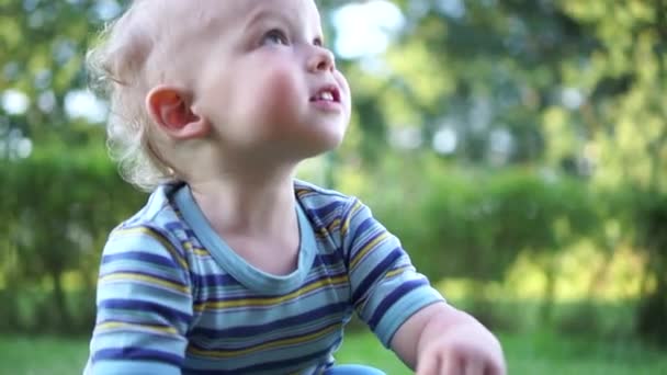 Dışarıda poz veren sarışın çocuğun portresi. Şirin, küçük burunlu, mavi gözlü çocuk açık hava yaz portresine bakıyor. — Stok video