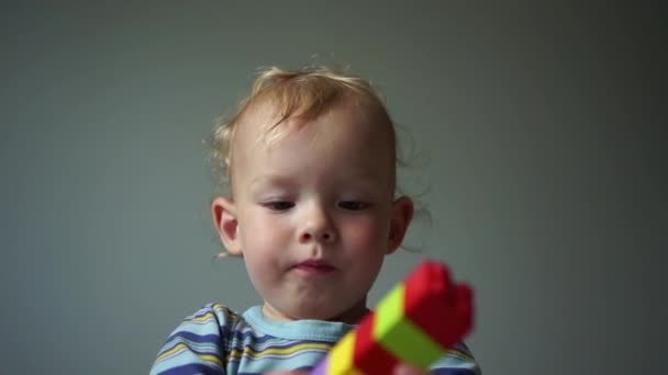 Portrét blonďatého batolete, jak si hraje s barevnými plastovými cihlami. Batole se baví a staví z konstrukčních cihel. Brzké učení. Vývoj hraček — Stock video