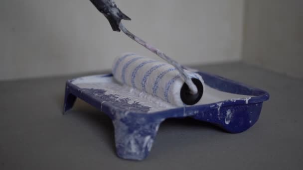 White paint on a wall paint roller. Close-up of a roller dipped into a pallet with paint, interior renovation and decoration concept — Vídeo de Stock