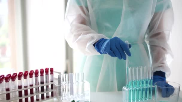 Close-up of a laboratory assistant registers the results of PCR tests in medical laboratore during the sars-cov-2 pandemic. Registration of covid-19 positive blood sample — Stockvideo