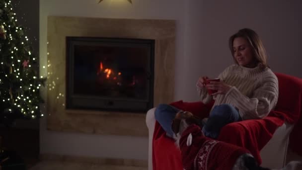 Молода жінка з собакою сидить вдома біля каміна. Теплий камін і ялинка прикрашені на Різдво. З Новим Роком концепція — стокове відео